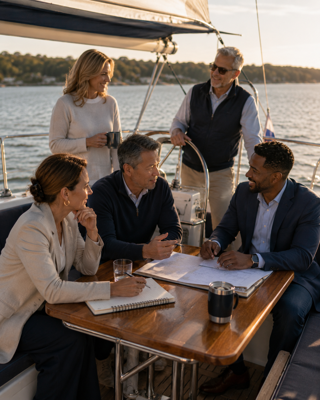 Kadima Sails leadership retreat with professionals meeting and collaborating aboard a sailboat on the Chesapeake Bay.