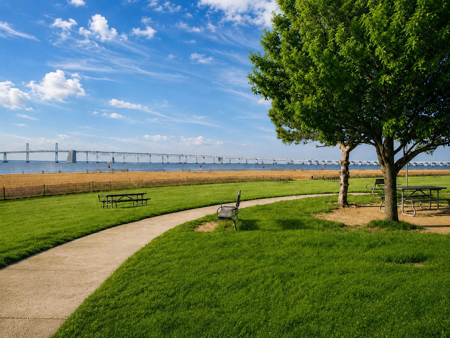 A scenic park with green grass, a sidewalk, benches, and trees next to a body of water with a bridge in the background under a blue sky with clouds.