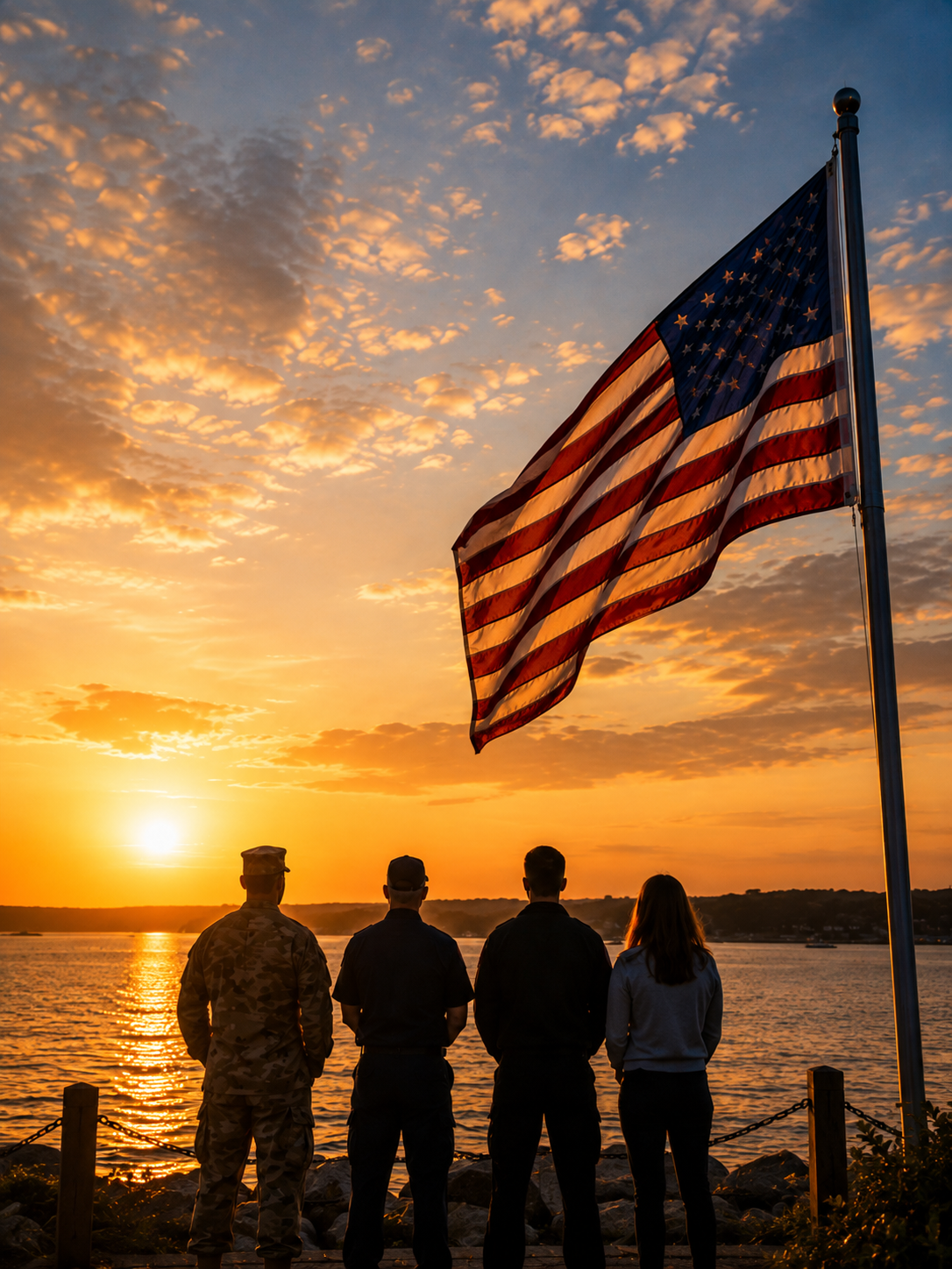 Annapolis Host and Sailing Adventures, LLC image honoring military service members by the water at sunset.
