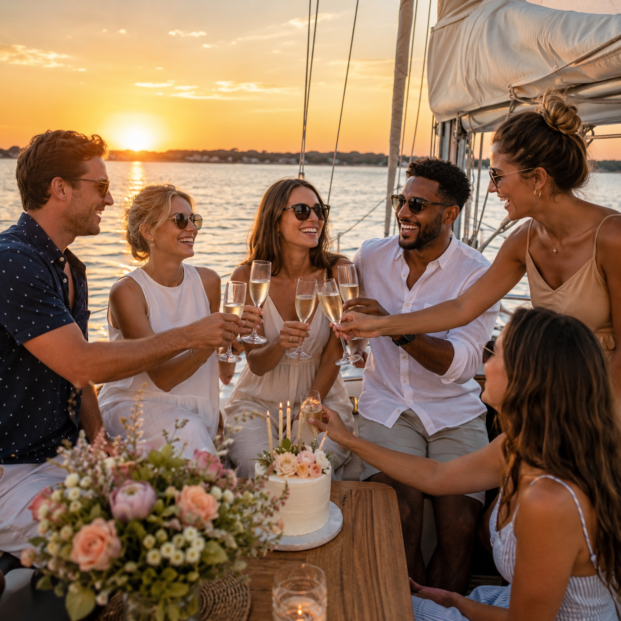 Kadima Sails friends celebrating a special occasion aboard a sailboat with cake and champagne at sunset.