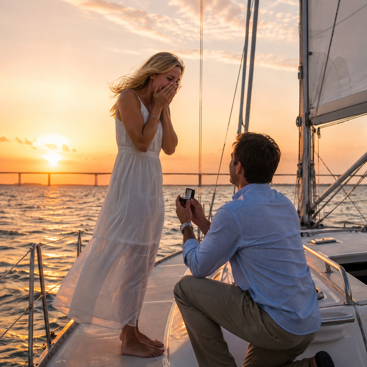 Kadima Sails marriage proposal at sunset, with a man proposing to his partner aboard the boat.