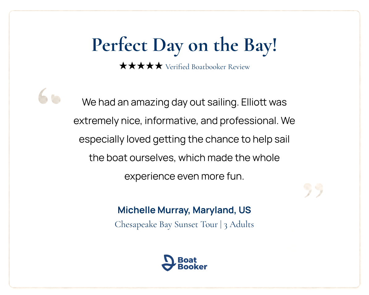 Five-star BoatBooker review praising Captain Elliot and the fun of sailing the Chesapeake Bay with Kadima Sails.