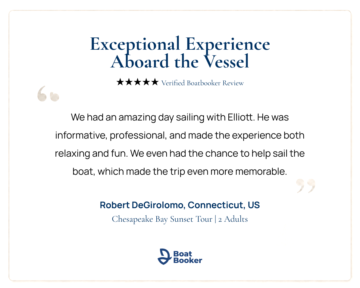 Five-star BoatBooker review praising a Chesapeake Bay sunset sailing experience with Captain Elliot Nudell and Kadima Sails.
