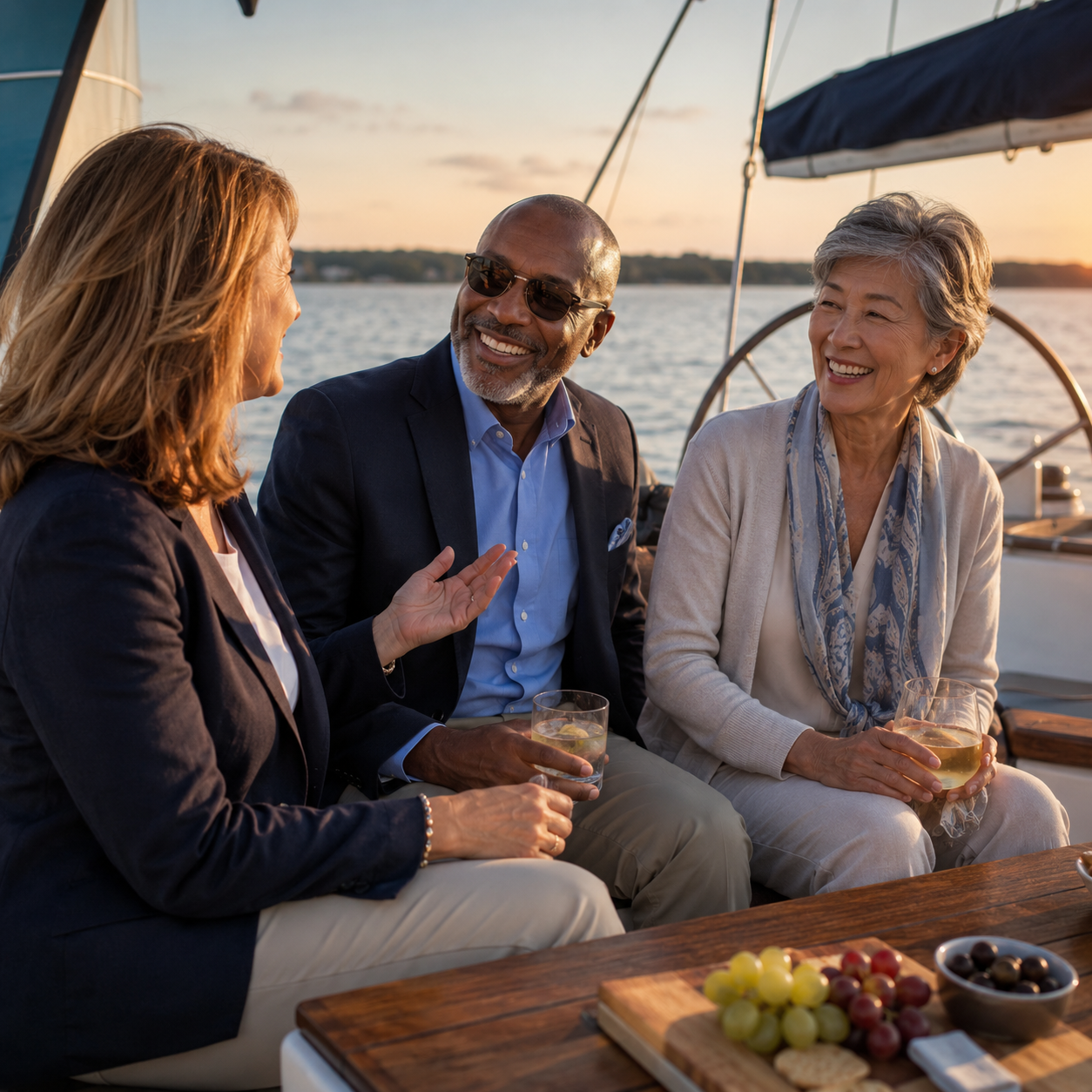 Kadima Sails client appreciation experience with professionals enjoying conversation and refreshments aboard a sailboat at sunset.