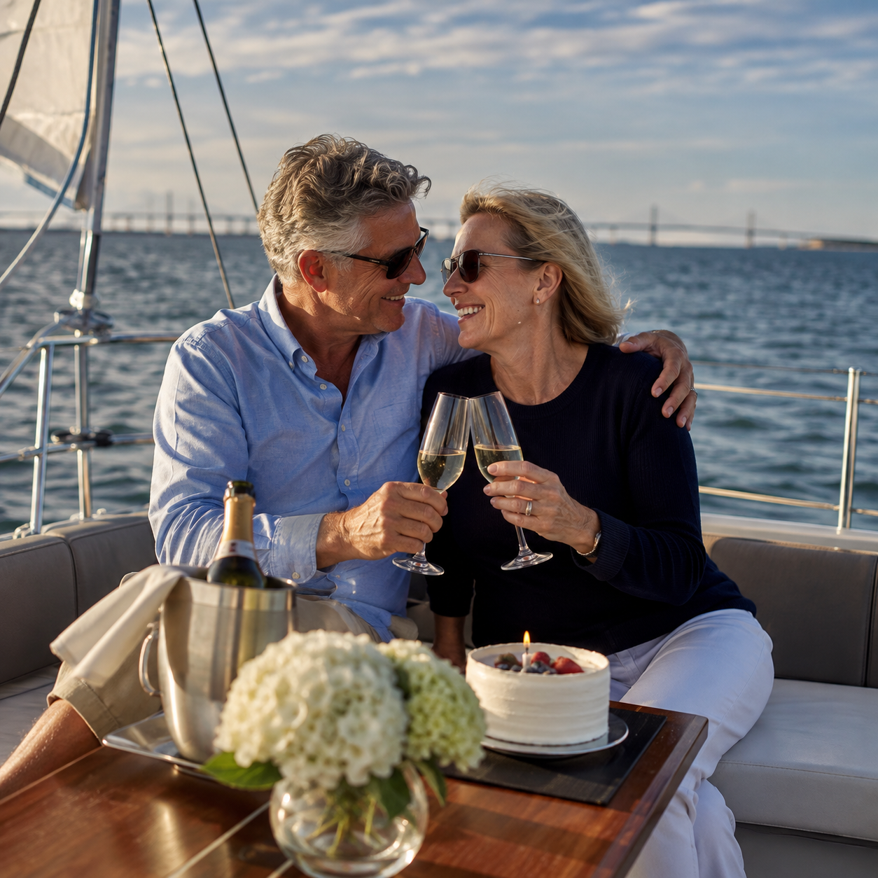 Kadima Sails couple celebrating a special occasion aboard the boat with champagne and cake.