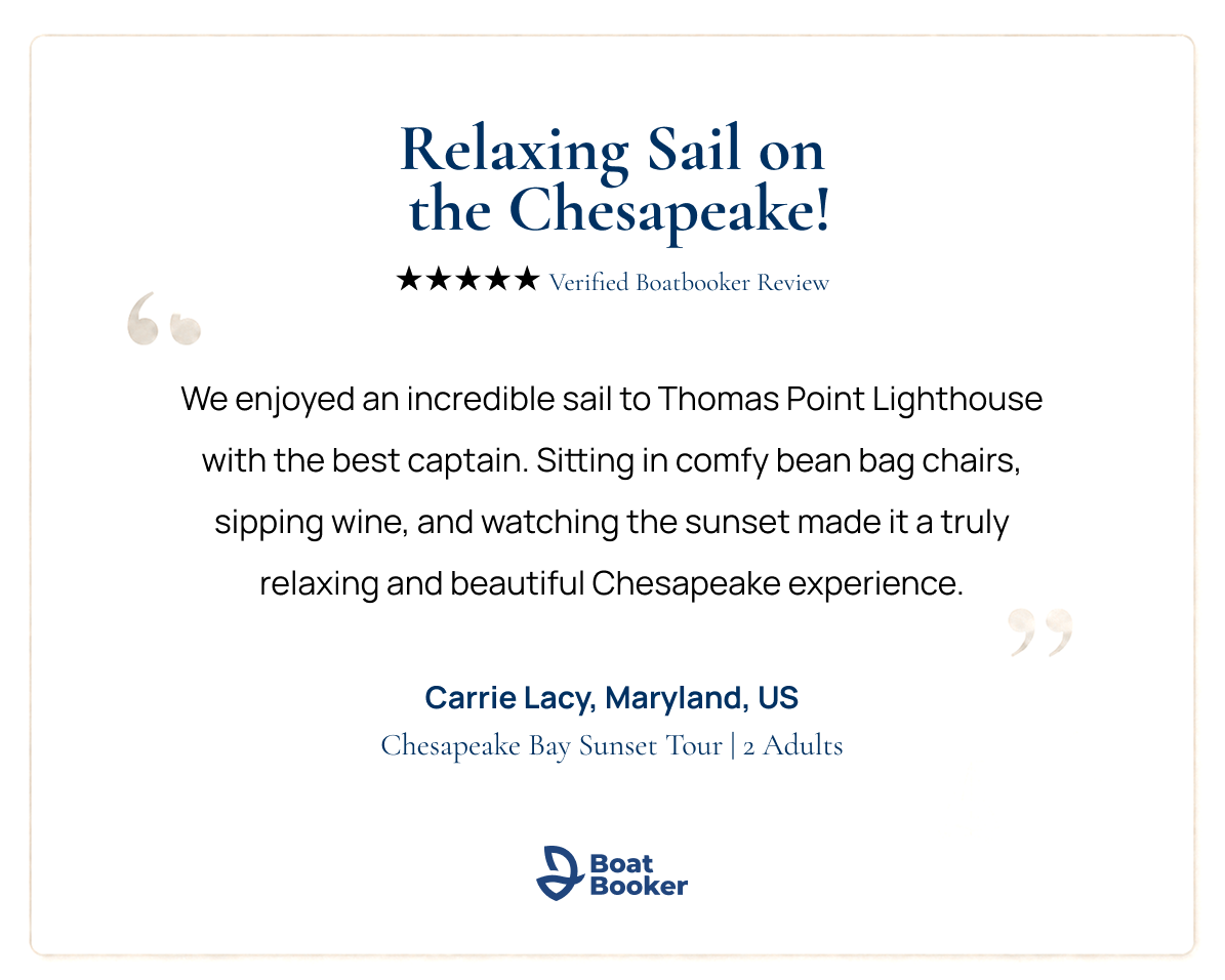 Five-star customer review describing a relaxing Chesapeake Bay sunset sail with Kadima Sails.