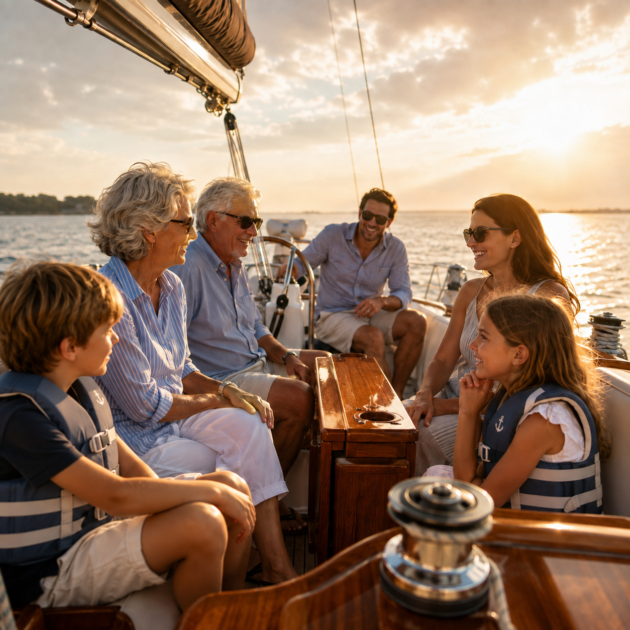 Kadima Sails group of family and friends enjoying a private sunset sailing experience together.