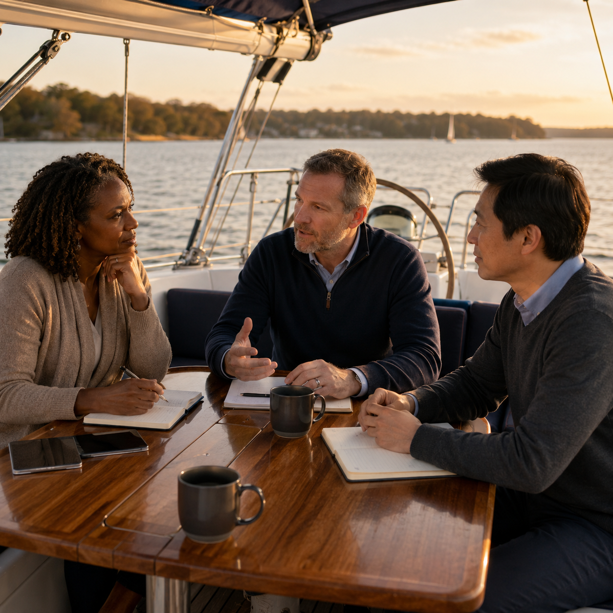 Kadima Sails leadership retreat with professionals discussing ideas aboard a sailboat on the Chesapeake Bay.