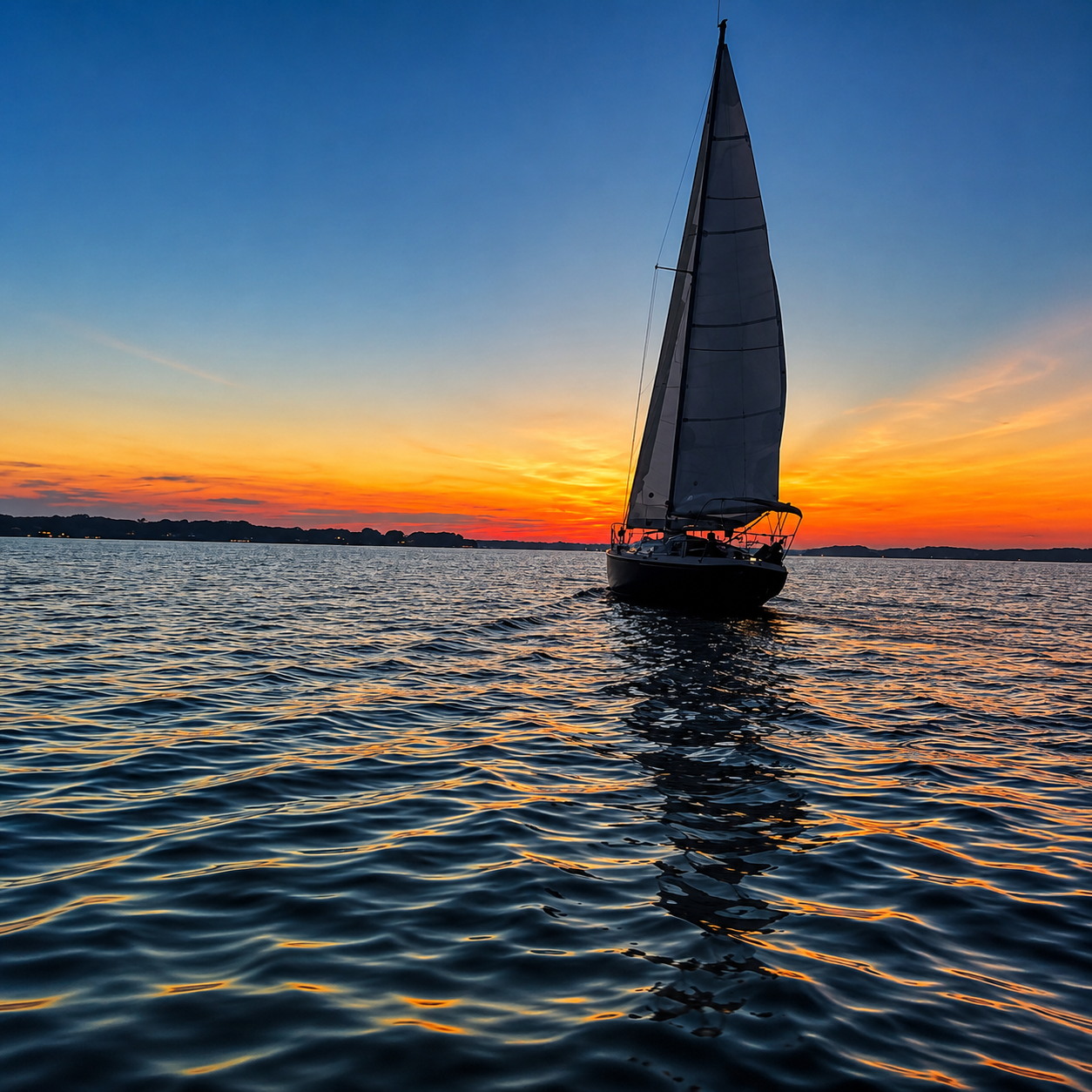 Kadima Sails sailboat on calm water during a sunset sailing experience.