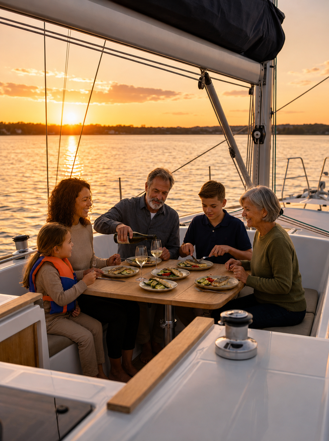 Family enjoying dinner aboard Kadima Sails during a private sunset sailing charter on the Chesapeake Bay near Annapolis.
