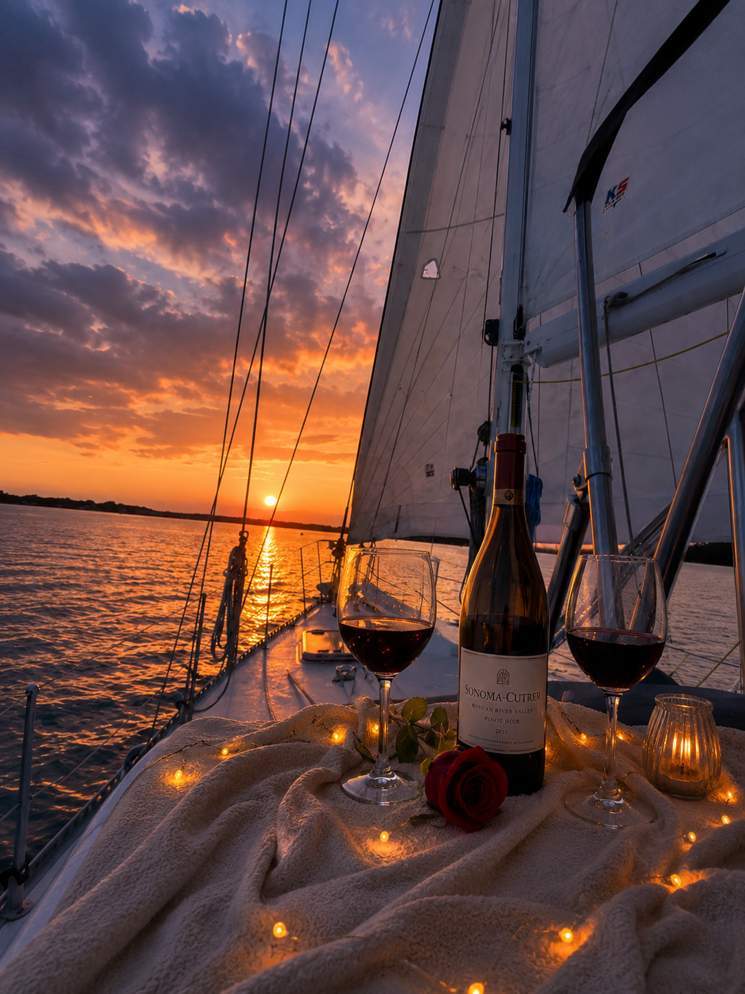 Romantic sunset sailing experience aboard Kadima Sails with wine, a rose, and candlelight on the Chesapeake Bay