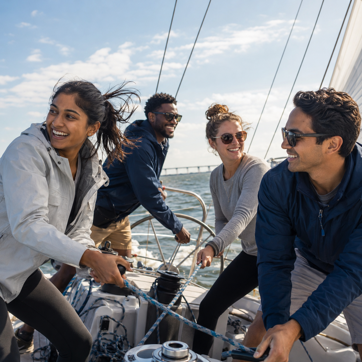 Kadima Sails team building experience with colleagues sailing together on the Chesapeake Bay.