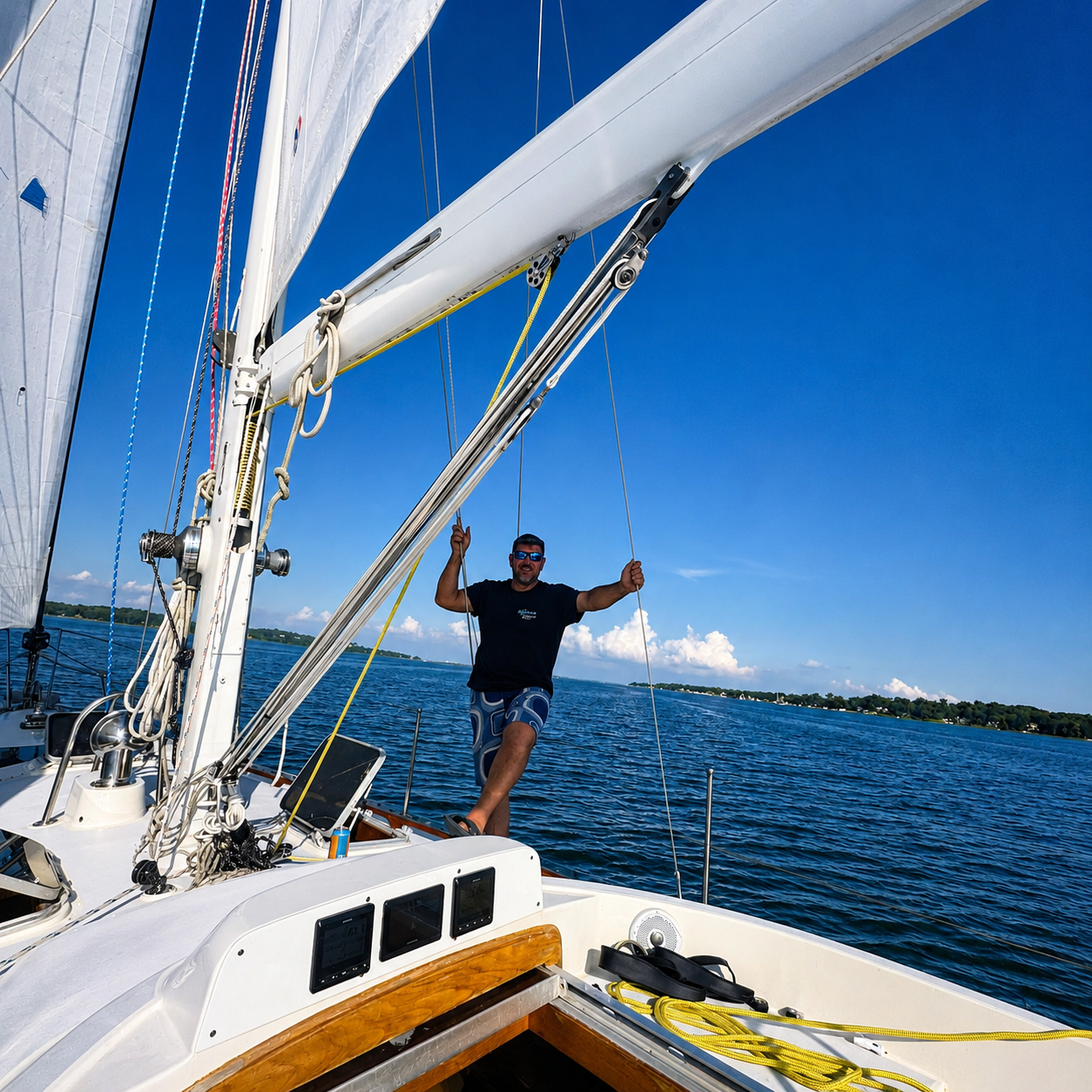 Captain Elliot Nudell of Kadima Sails standing aboard the sailboat on the Chesapeake Bay.