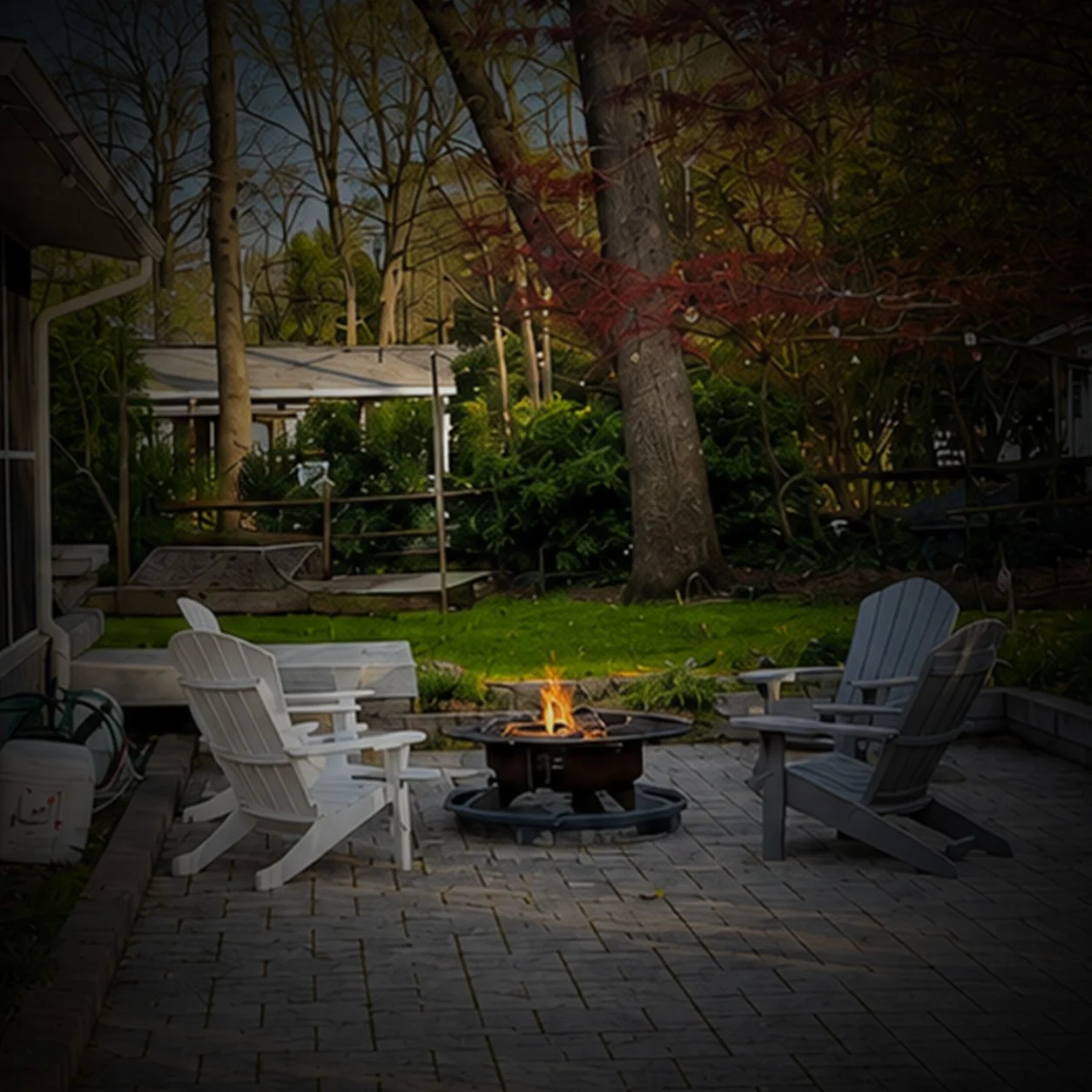 Bayberry Retreat outdoor patio and fire pit with Adirondack seating in Arnold, Maryland.