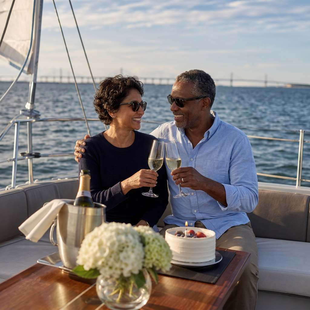 Kadima Sails couple celebrating a birthday aboard the boat with cake and champagne.