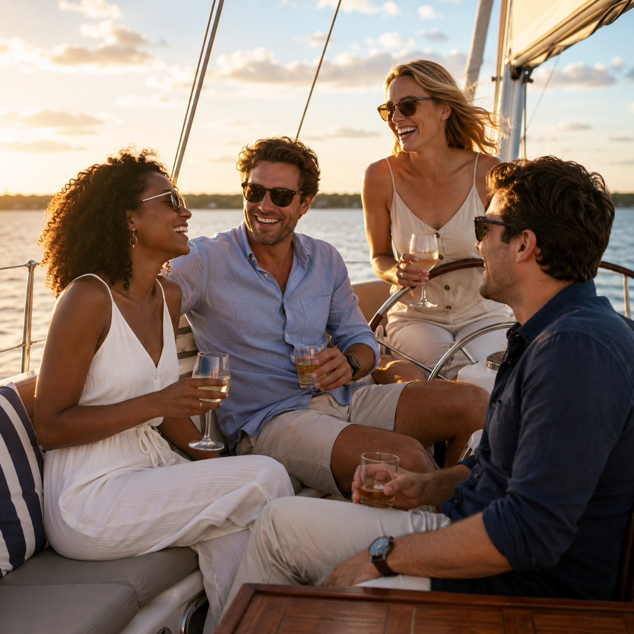 Kadima Sails group of friends enjoying drinks and conversation during a private sunset sailing experience.