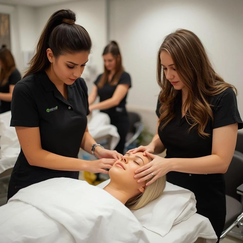 Two women give an acne treatment to a blonde woman lying on an esthetician table in a spa or clinic setting.