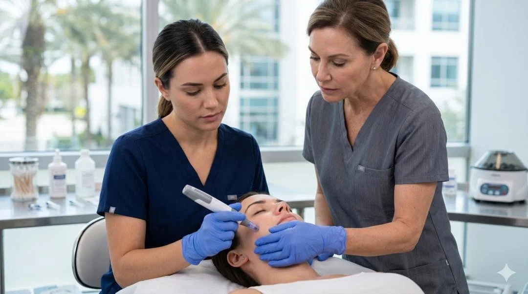 Two medical professionals perform a laser facial treatment on a woman lying down, with one holding a device and the other stabilizing her face, in a clinical setting with large windows.