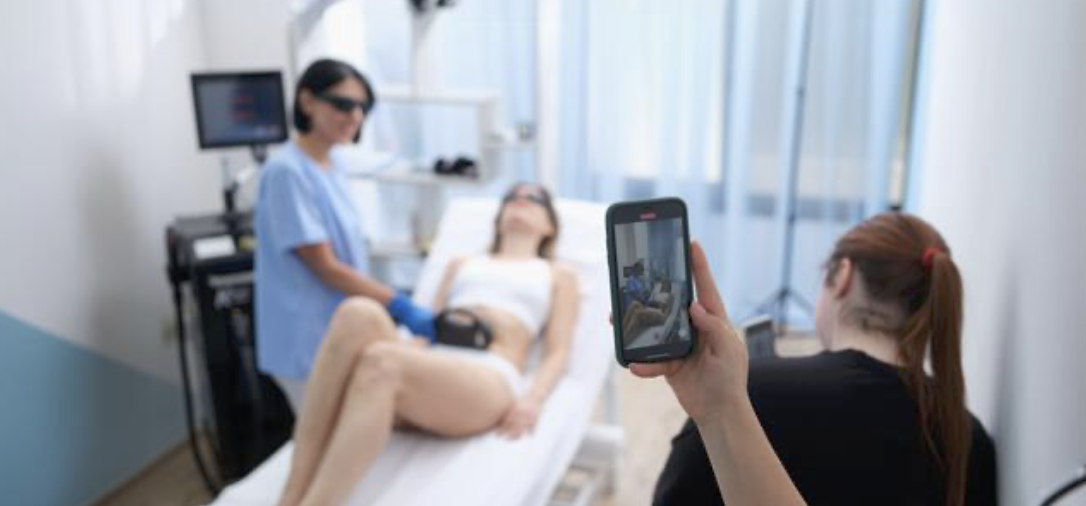 A woman in a hospital bed being photographed by a person using a smartphone, with a healthcare worker attending to her in the background.