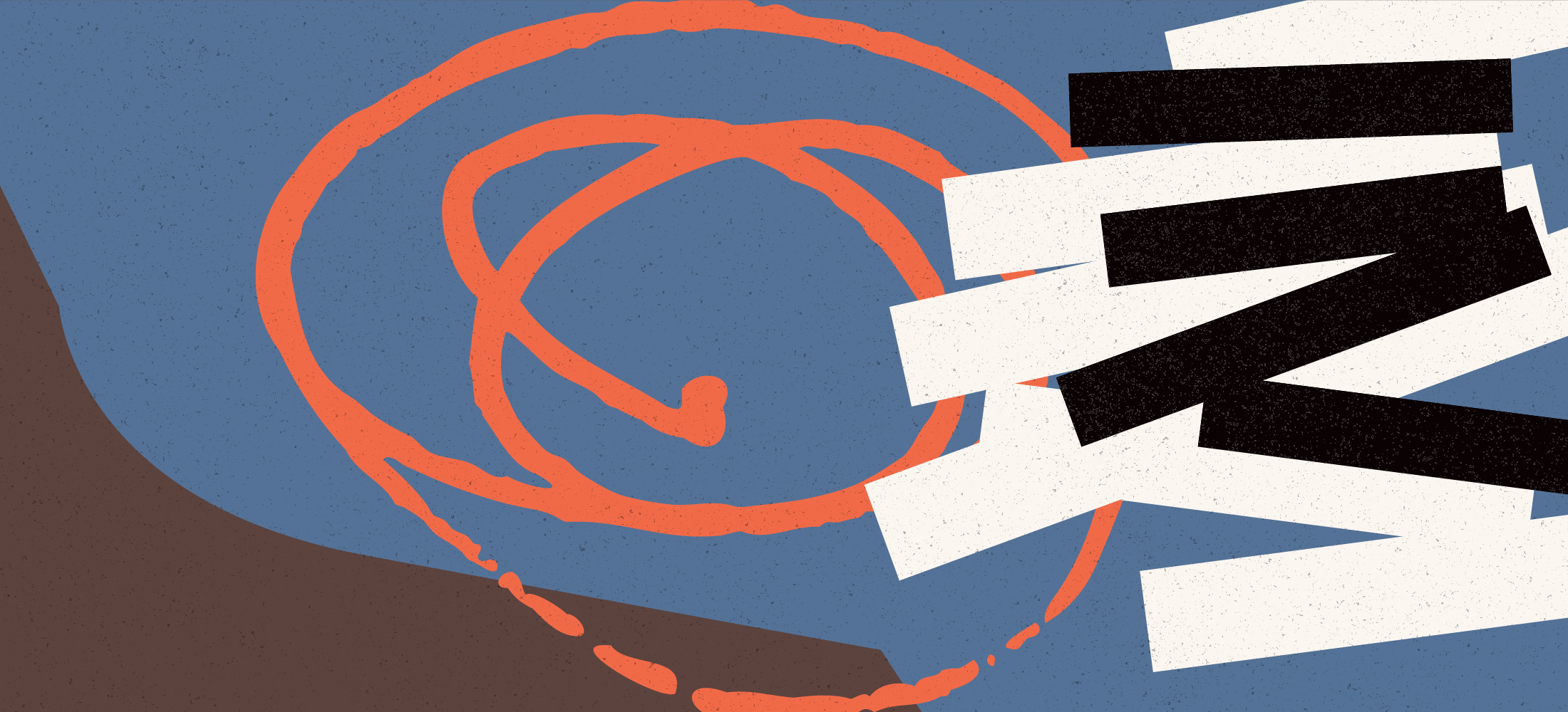 Abstract shapes with black strips and orange circle outline on a blue background.