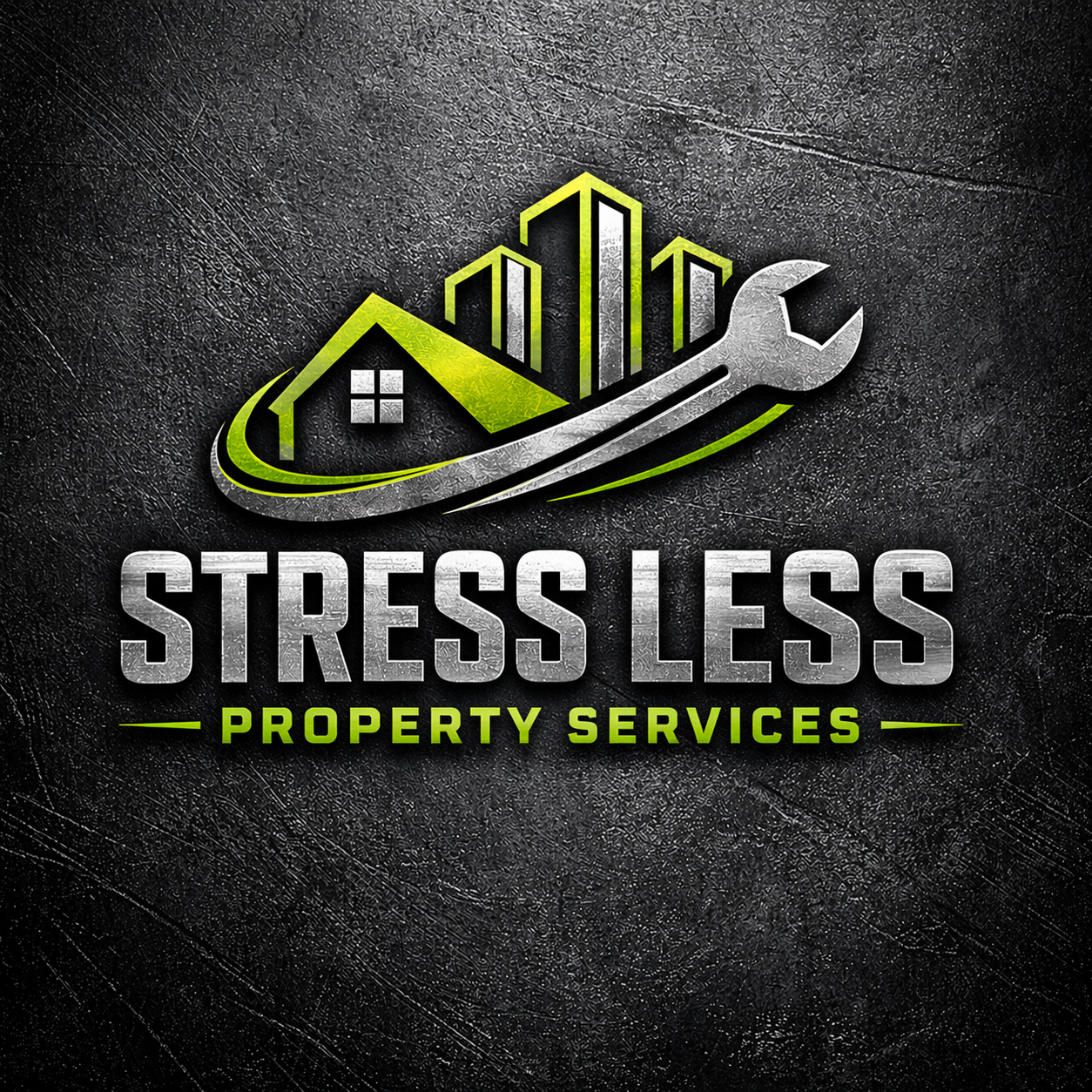 Logo for Stress Less Property Services featuring a house and city skyline with a wrench, on a textured dark background.