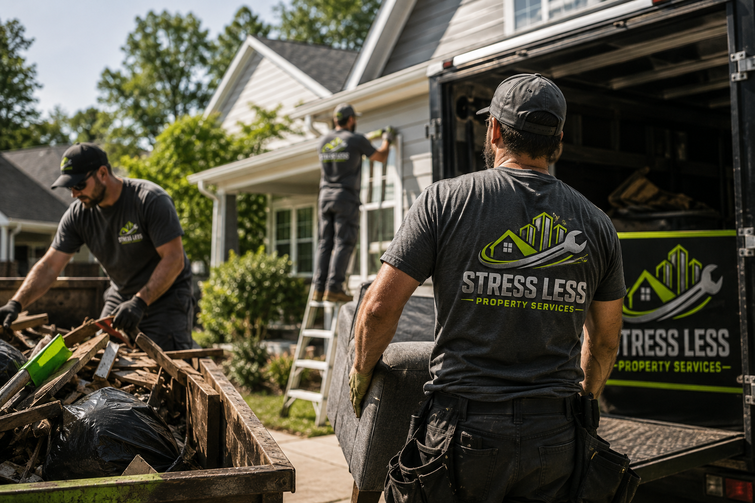 Workers from Stress Less Property Services clearing debris from a residential yard with a truck and tools, working on home maintenance.