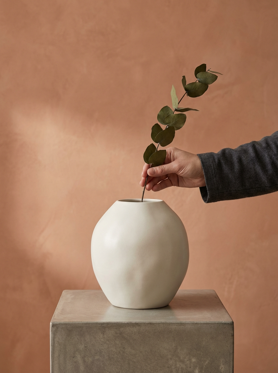 A person's hand placing a green branch with rounded leaves into a plain white vase on a concrete pedestal against a warm, textured background.