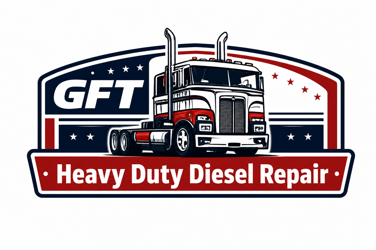 A logo featuring a heavy-duty diesel truck, with text 'Heavy Duty Diesel Repair', and the initials 'GFT' on a stylized American-themed background with stars and stripes.