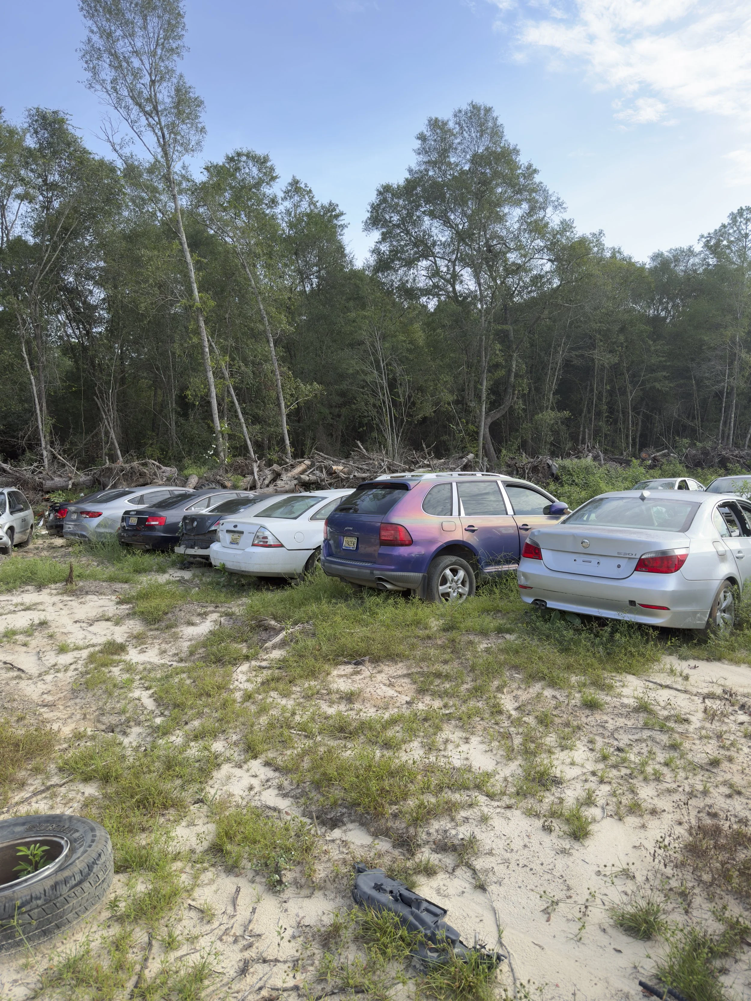 Several cars parked on sandy ground with green grass, with a dense forest of trees in the background under a partly cloudy sky.