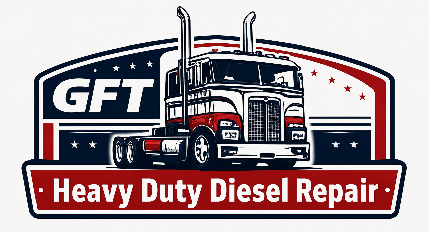 Logo for GFT Heavy Duty Diesel Repair featuring a stylized illustration of a semi-truck in red, white, and blue colors with stars and stripes design elements.