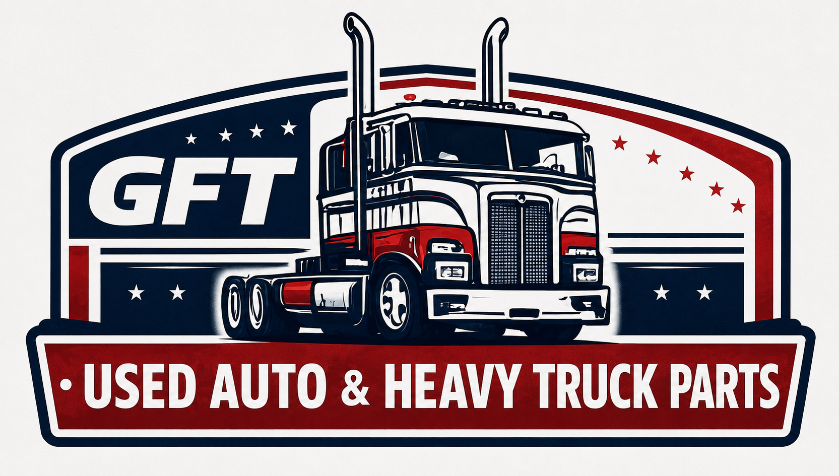 Graphic logo for GFT featuring a stylized semi-truck in front of a patriotic red, white, and blue background with stars, and text that reads "USED AUTO & HEAVY TRUCK PARTS."