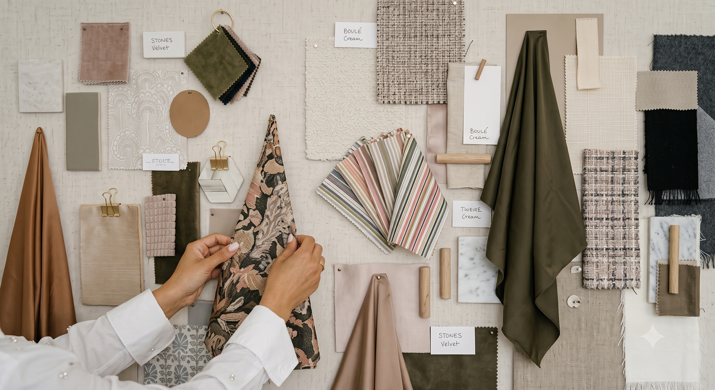 Person holding fabric swatch with pink and brown floral pattern, surrounded by fabric samples, paint swatches, and material samples pinned and clipped to a board for interior design or fashion planning.