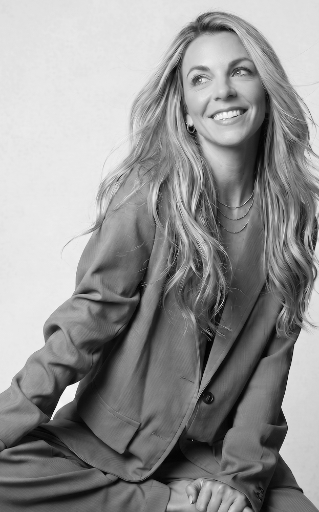 Black and white photo of a woman with long wavy hair wearing a blazer and sitting casually with a smile, looking to her right.