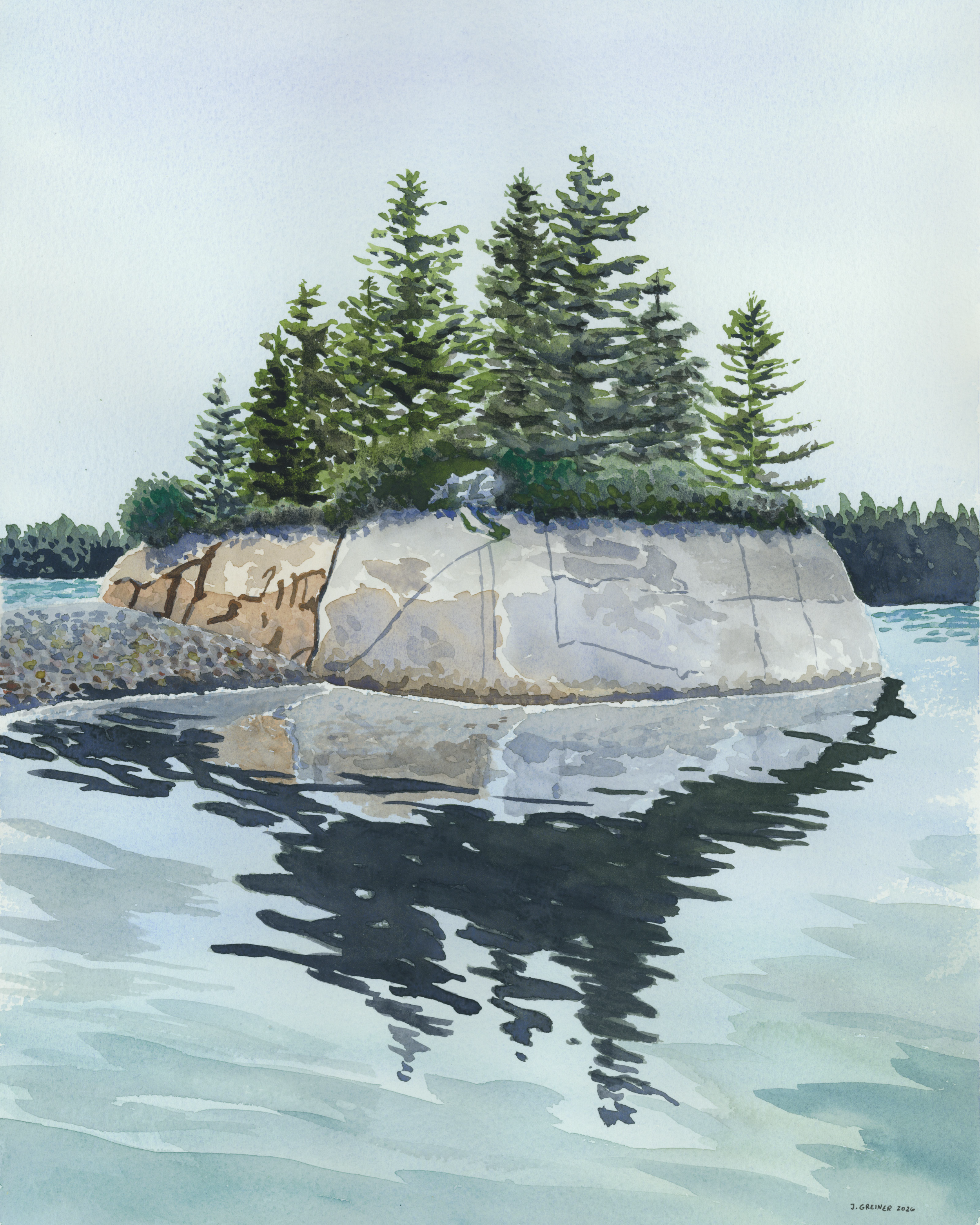 Watercolor painting of a rocky shoreline with evergreen trees on a small island, reflections in the water, and a pale sky in the background.