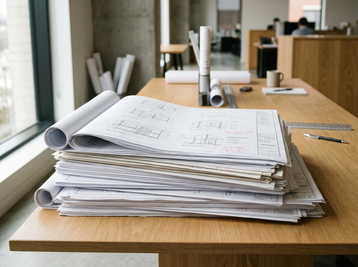 Stack of rolled and flat architectural blueprints on a wooden table in an office space with large windows.