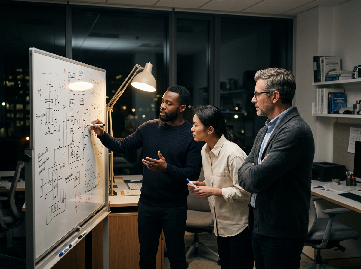 Three professionals discussing technical diagrams on a whiteboard in an office at night.