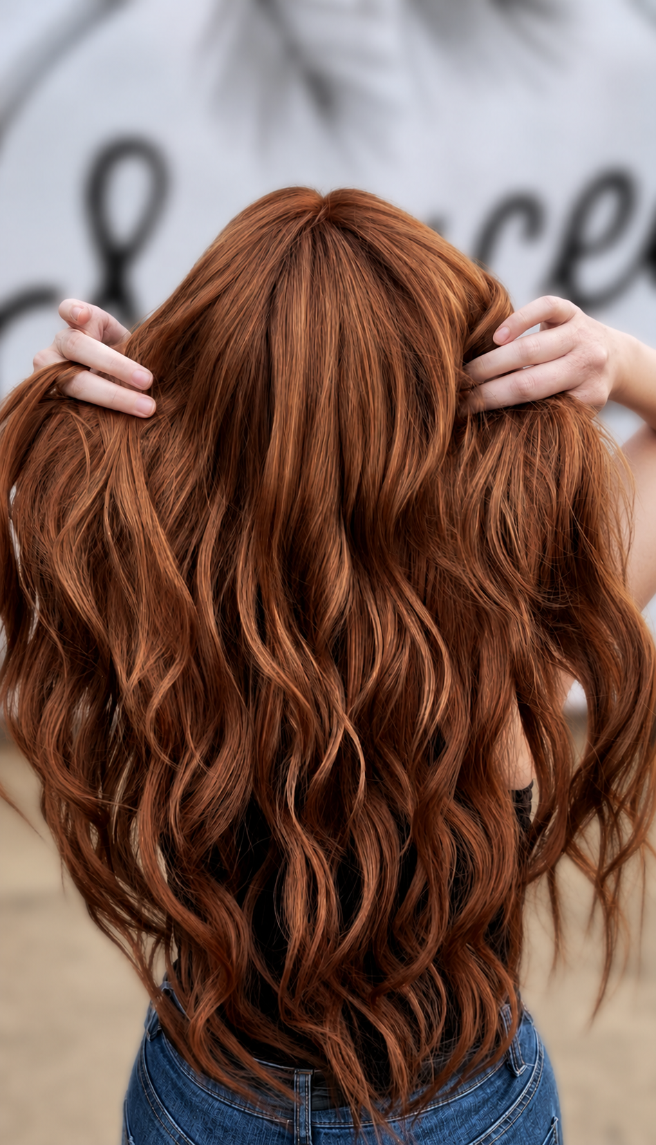 A woman with long, wavy, red hair is adjusting or fixing her hair with her hands.