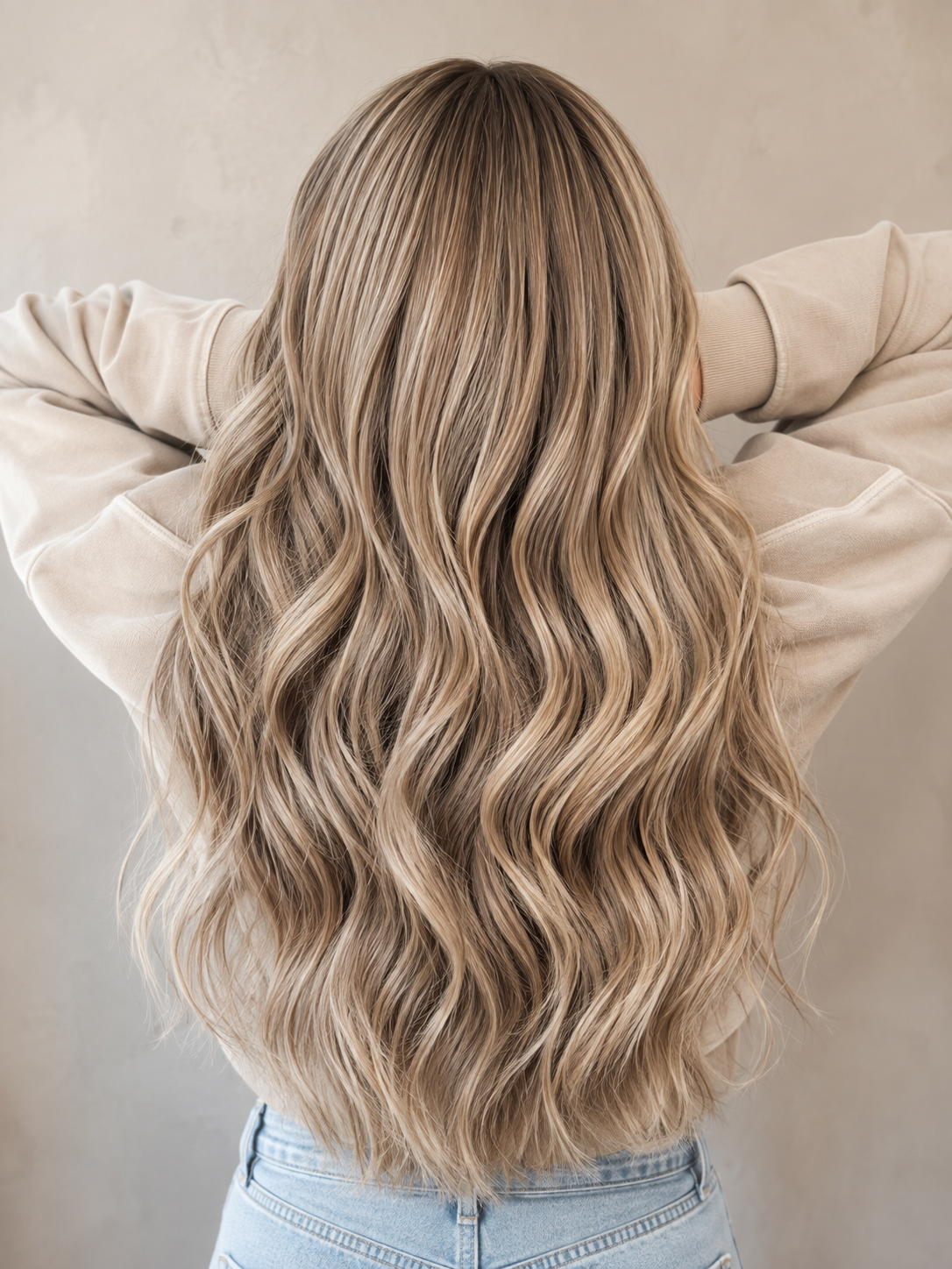 Back view of a woman with long, wavy blonde hair, wearing a beige sweatshirt and light blue jeans, with her hands behind her head.