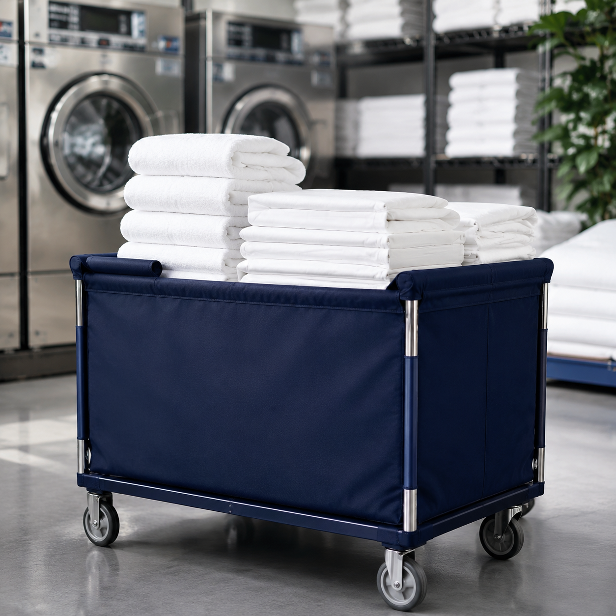 A laundry room with stacks of white towels on a blue rolling cart, with washing machines and shelves of towels in the background.