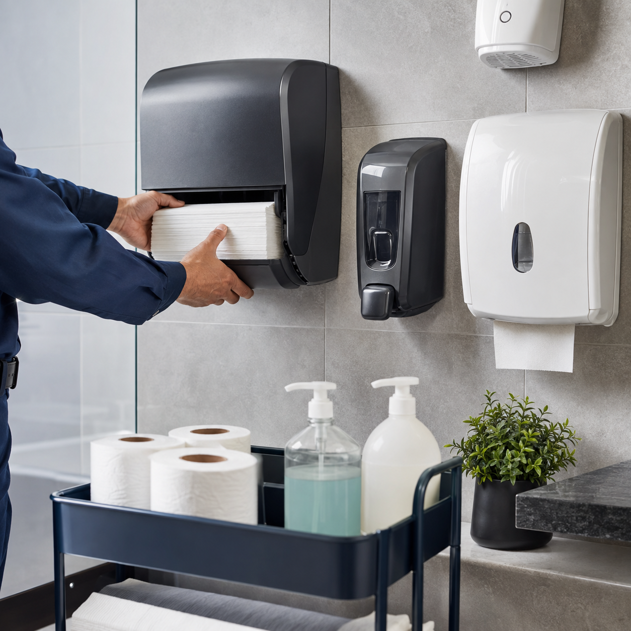 A person loading paper towels into a black paper towel dispenser in a restroom, with soap and sanitizer bottles, toilet paper rolls, and a potted plant nearby.