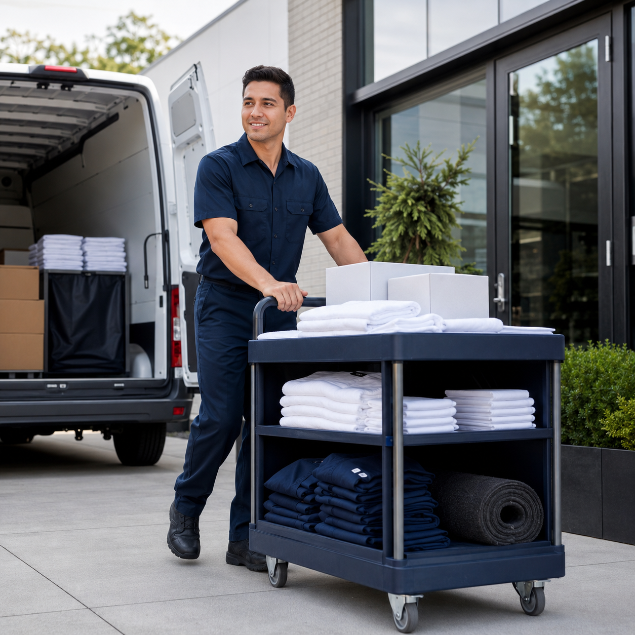 A man in a navy uniform pushes a cart loaded with neatly folded towels and linens outside a building with a glass door, near a delivery van containing more stacked towels and linens.