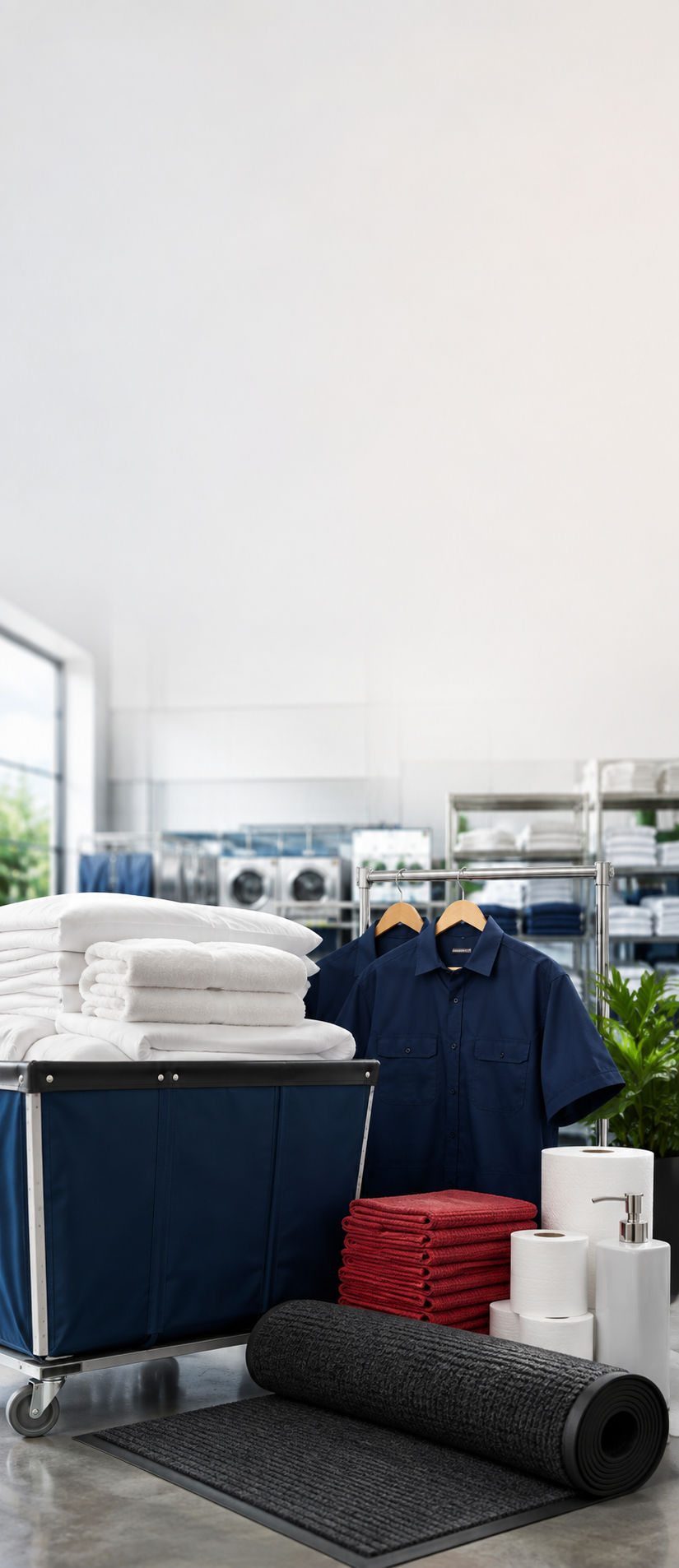 Laundry room with folded towels, blue shirt on hanger, paper towels, and exercise mat in the foreground, laundry machines and shelves in the background.