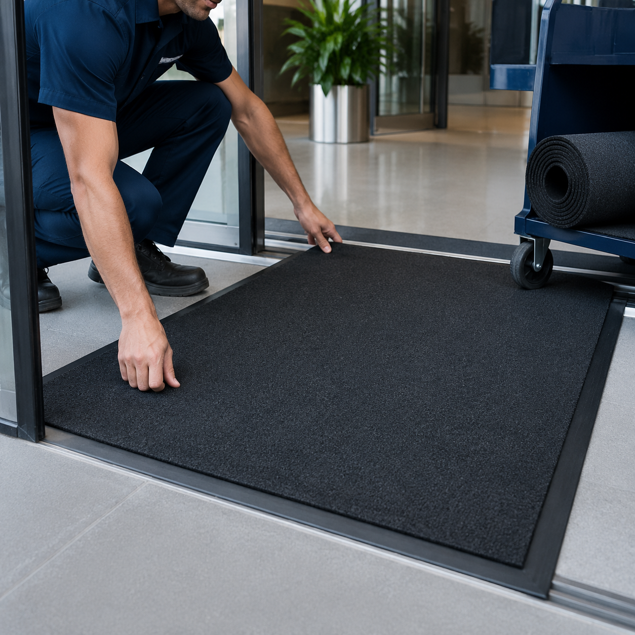 A person is placing a black mat at the entrance of a building, with a roll of similar mats on a cart nearby.