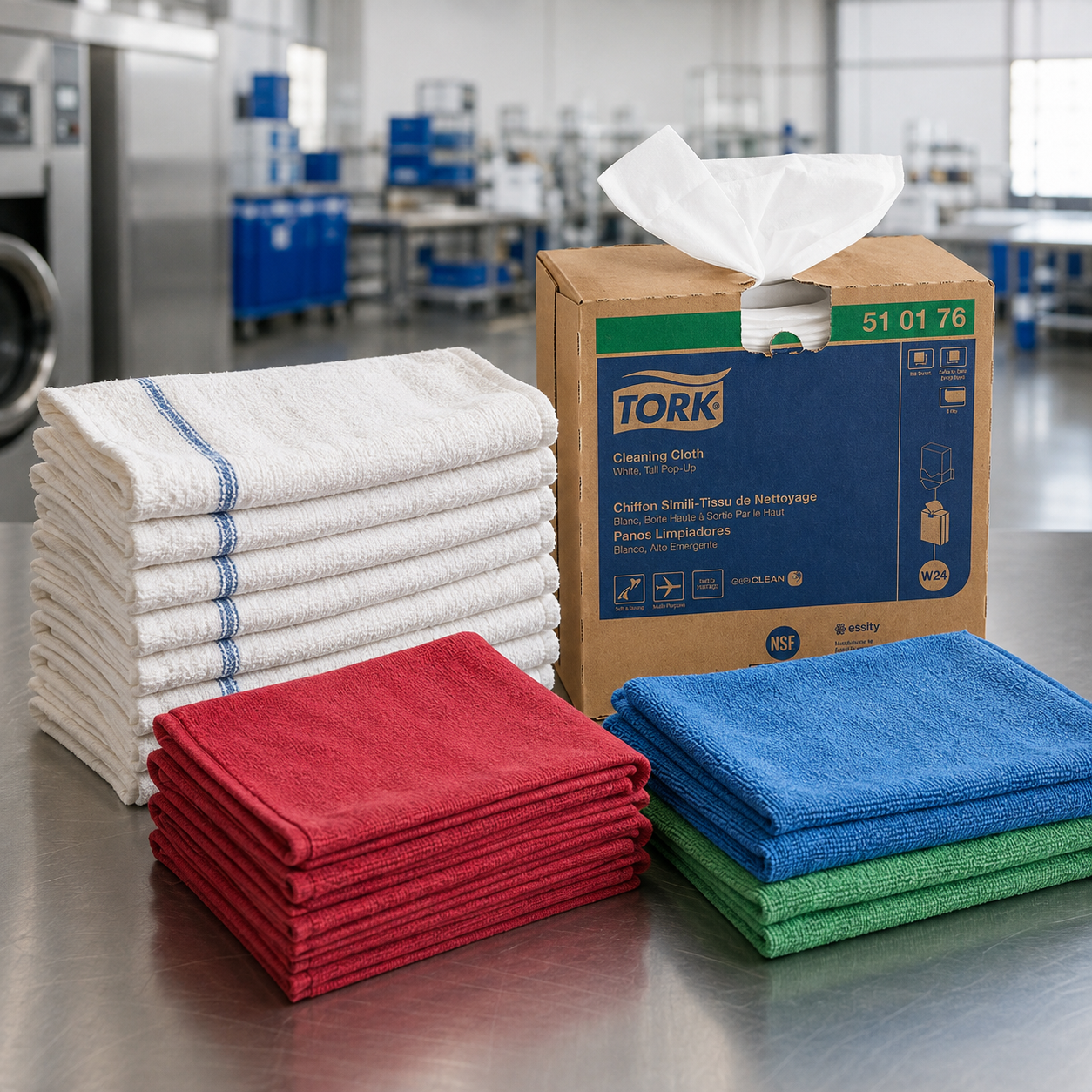 A stack of white towels with a blue stripe, red towels, blue towels, and green towels next to a box of Tork cleaning cloths in a commercial laundry or cleaning facility.