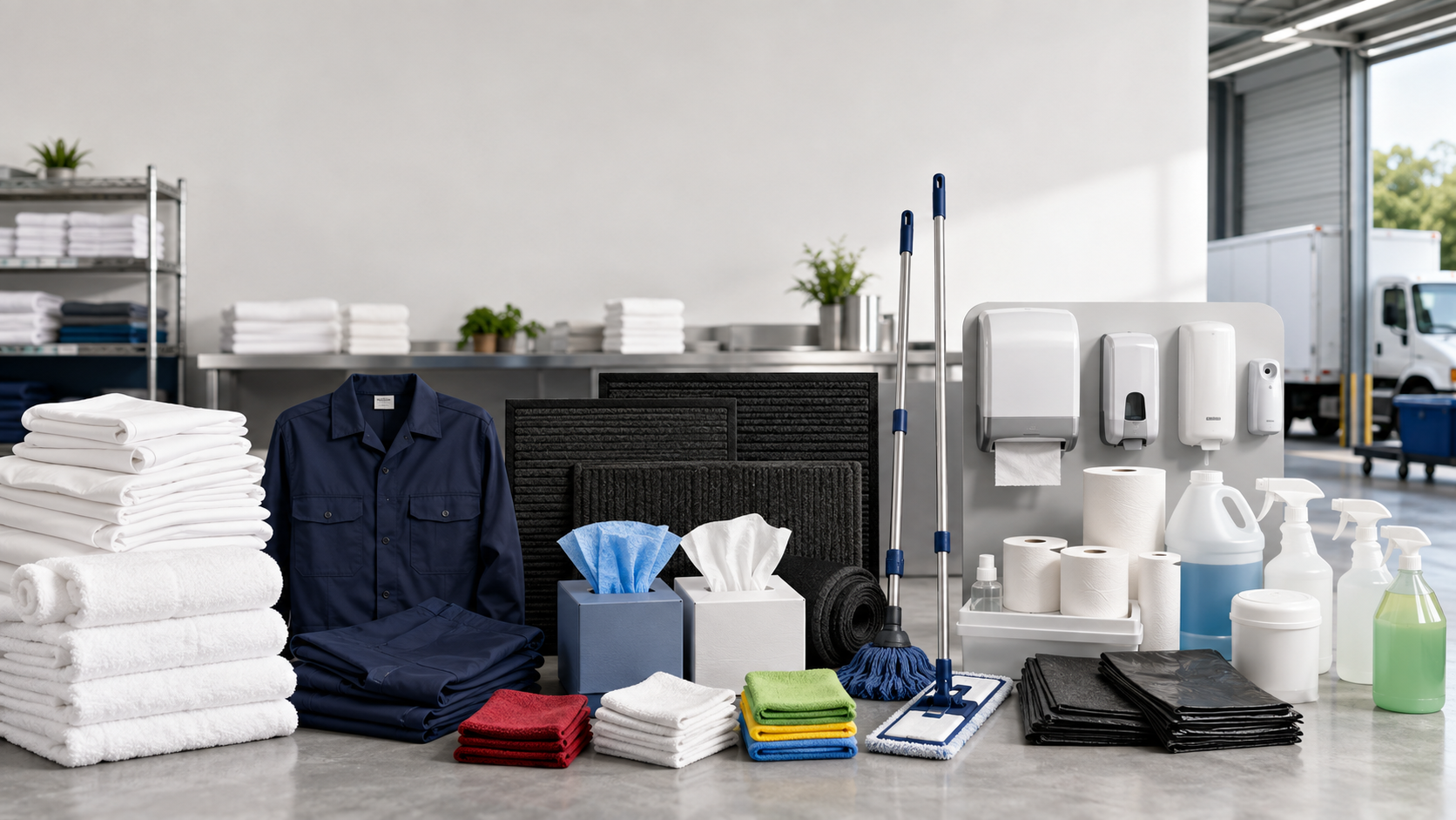 Cleaning supplies and linens organized on a table in a commercial cleaning storage room.