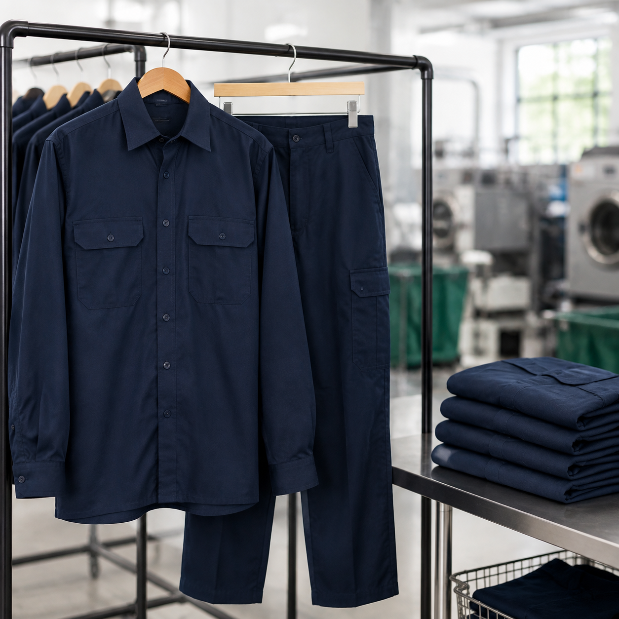 Blue uniform consisting of a shirt and pants displayed on hangers in a laundry or clothing store, with folded clothes on a metal table beside.