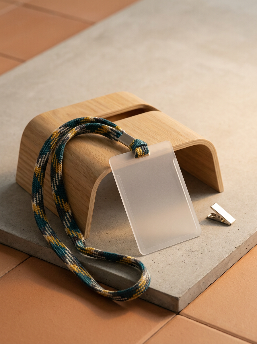 A wooden magazine or card holder on a stone surface with a lanyard, a plastic badge holder, and a small metal clip.