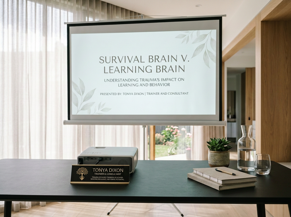 A presentation setup with a projection screen displaying a slide titled 'Survival Brain v. Learning Brain,' conducted by trainer and consultant Tonya Dixon. The table includes a nameplate, a small potted plant, a glass jug with water, an empty glass, and a closed notepad with a pen.