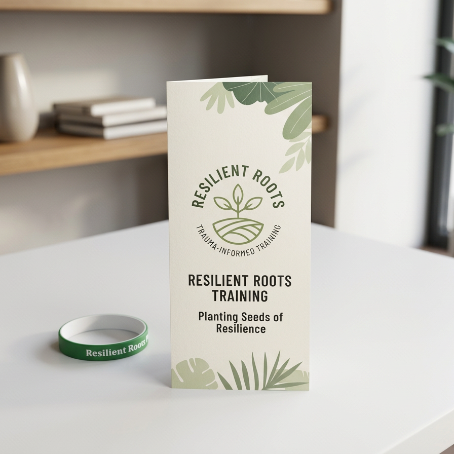 Brochure and bracelet for 'Resilient Roots Training' focused on planting seeds of resilience, with nature-inspired design elements.