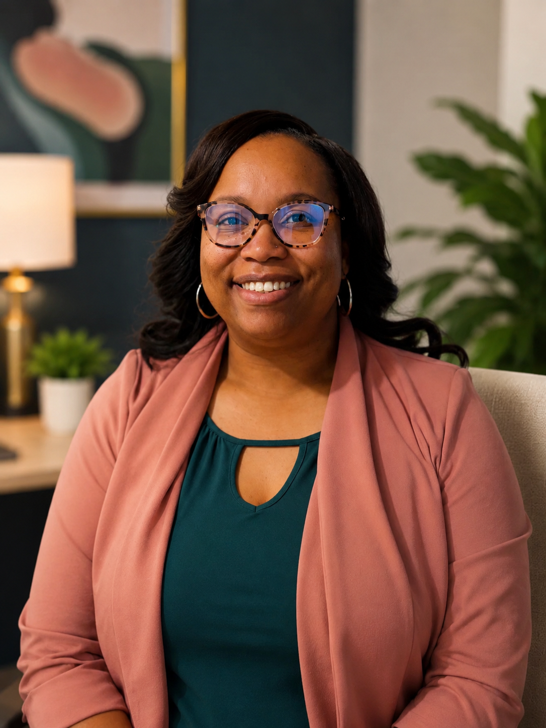 A woman with glasses and hoop earrings smiling in a professional setting, sitting in a beige chair, with a dark wall, green plant, and abstract artwork in the background.